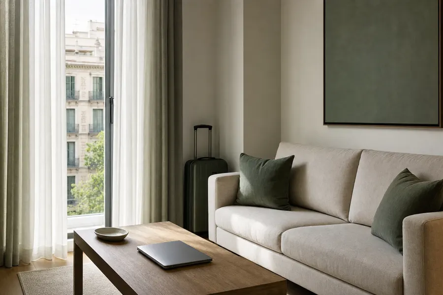 Salón de un piso amueblado de empresa con un portátil cerrado y una maleta de cabina junto a la pared