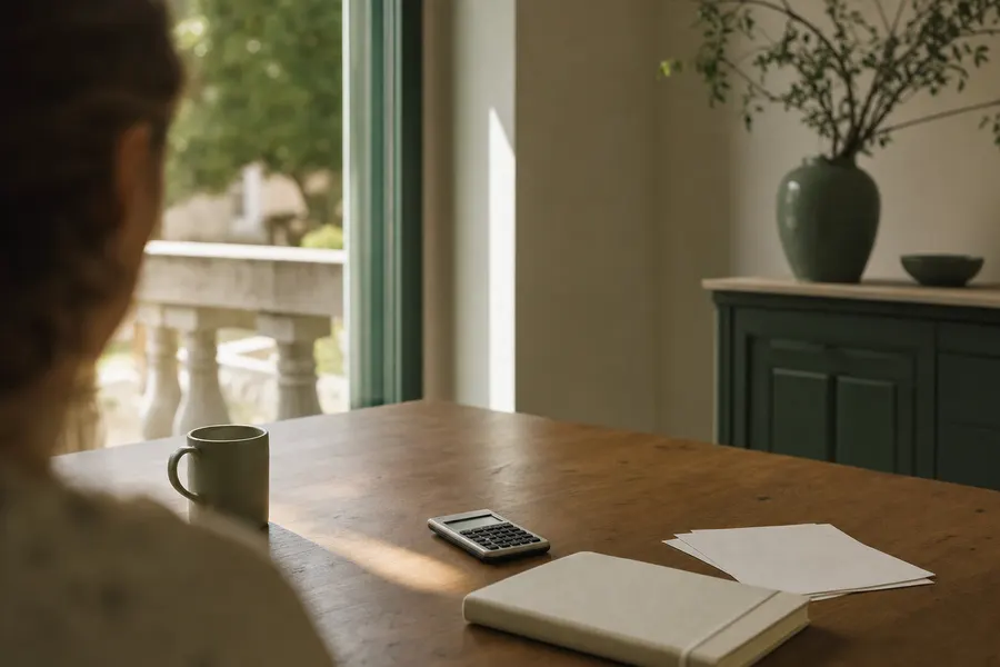 Mesa de comedor con una calculadora, una libreta y papeles ordenados junto a una taza de café