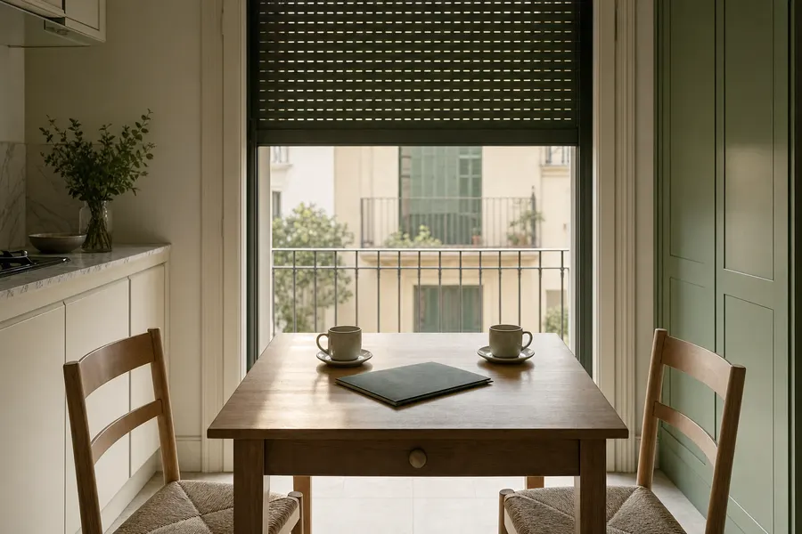 Mesa de cocina con dos sillas enfrentadas, dos tazas y una carpeta cerrada en medio
