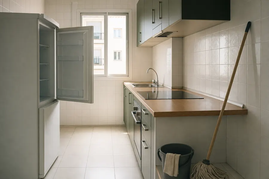 Cocina vacía y recién limpiada de un piso, con un cubo y una fregona junto a la pared y la nevera abierta y vacía