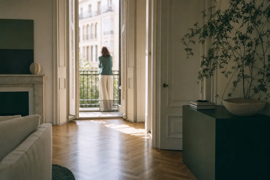 Salón luminoso con parqué de espiga y la puerta del balcón abierta