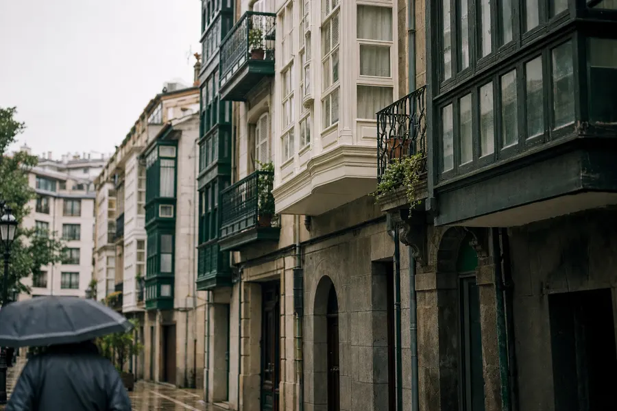 Calle de Bilbao con edificios de piedra gris y miradores acristalados