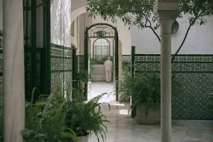 Patio sevillano con paredes de azulejo, helechos y suelo de mármol
