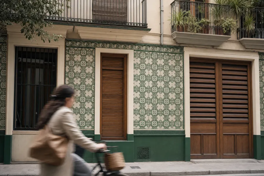Fachada valenciana con azulejo decorativo y persianas de madera