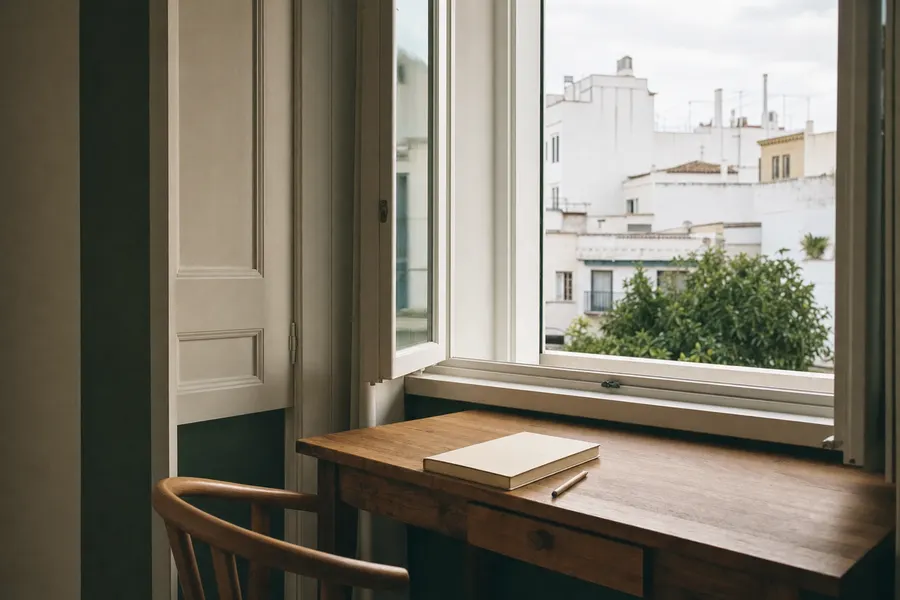 Escritorio pequeño frente a una ventana con vistas a los tejados y azoteas del barrio