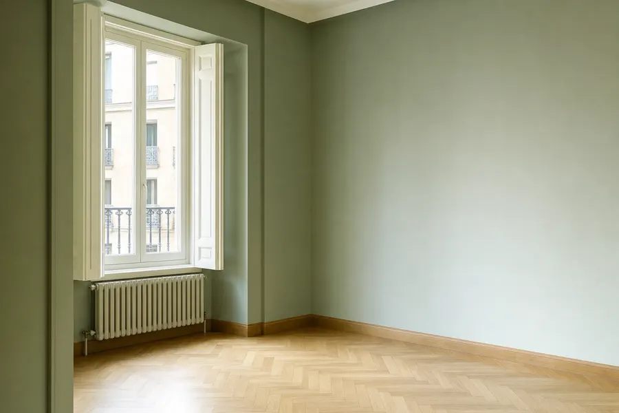 Habitación vacía recién pintada, con el radiador bajo la ventana y el suelo de parqué sin muebles