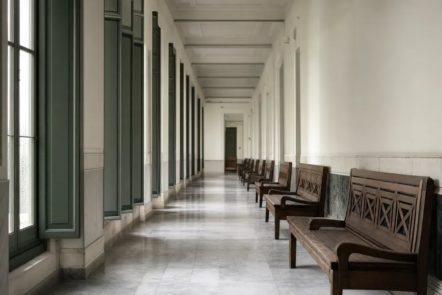 Pasillo institucional vacío con bancos de madera junto a la pared y ventanales altos
