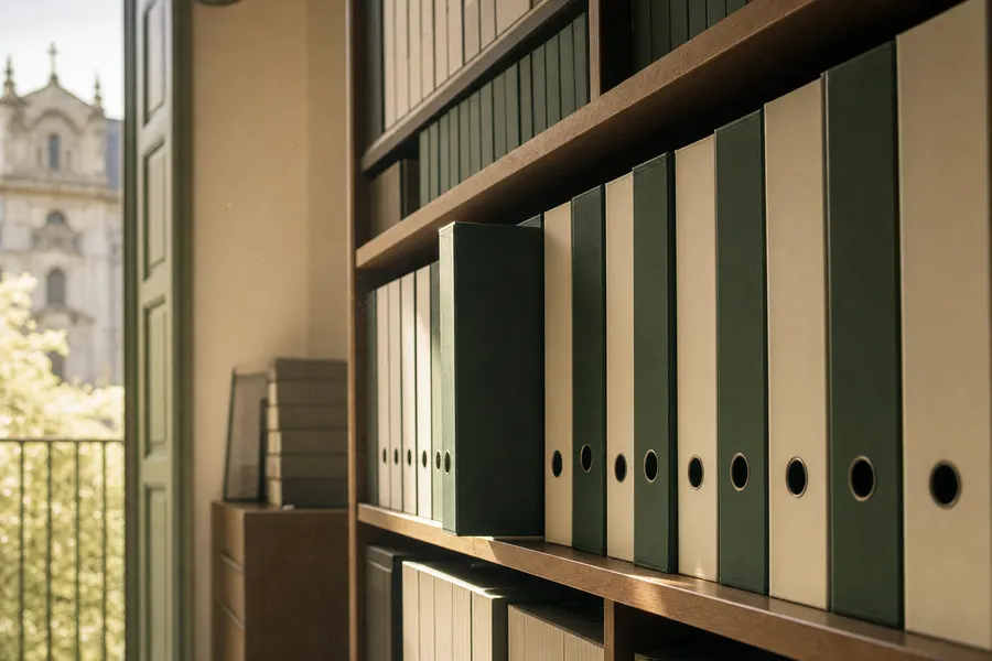 Estantería de archivo con carpetas de anillas alineadas, una de ellas sacada a medias, con luz de tarde entrando de lado
