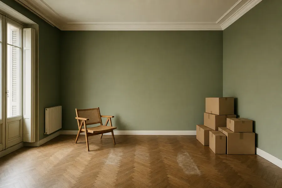 Salón vaciado con cajas de mudanza apiladas en un rincón y una silla suelta