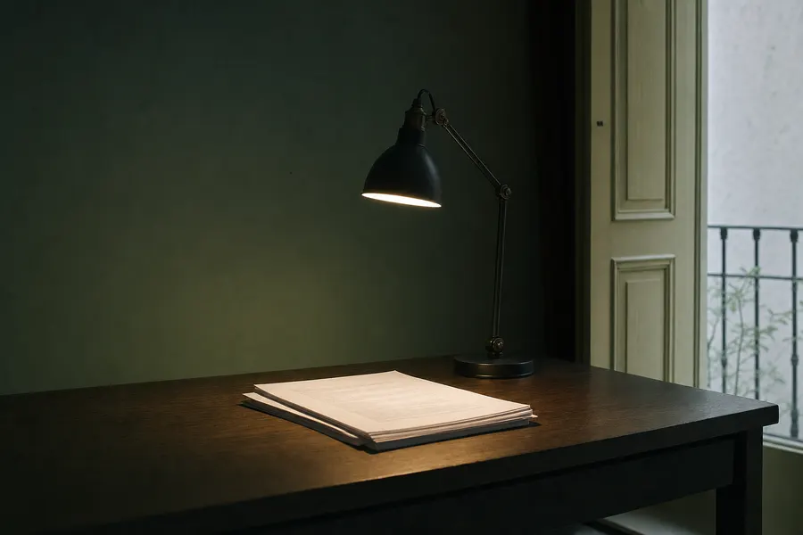 Flexo encendido sobre unos folios impresos en una habitación a oscuras