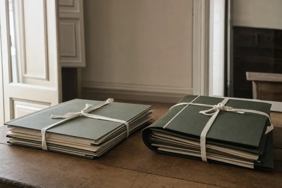Carpetas de documentos apiladas y atadas sobre una mesa