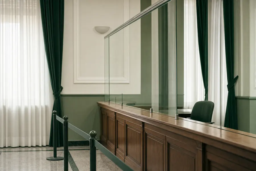 Mostrador de atención al público de una oficina administrativa, con la silla vacía al otro lado