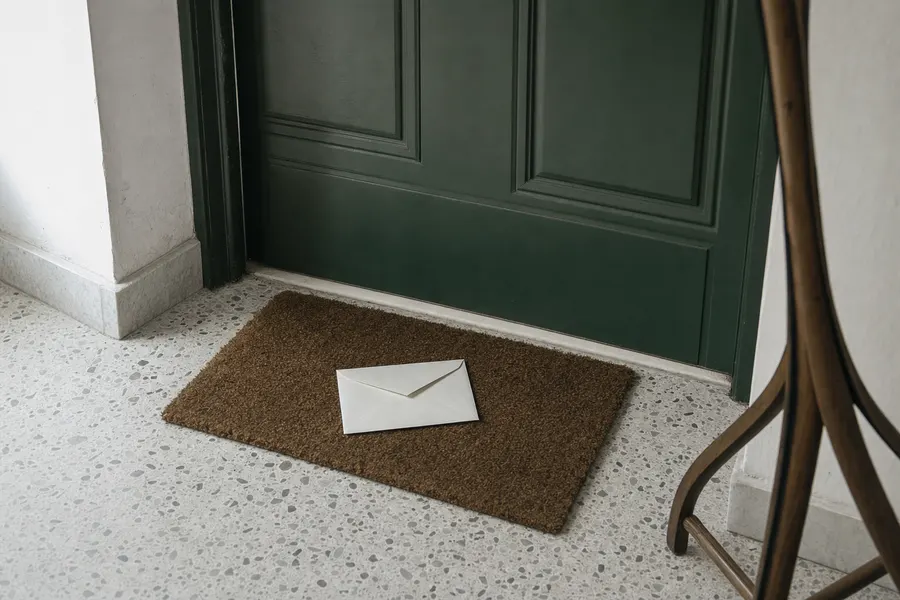 Sobre de correo certificado sobre el felpudo de la entrada de un piso, visto desde arriba