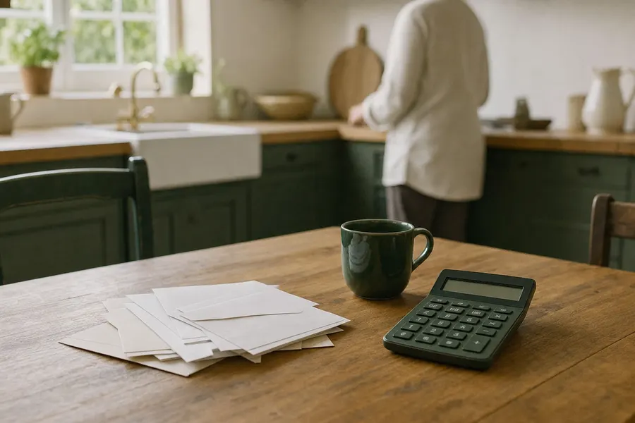 Mesa de cocina con sobres sin abrir, una calculadora y una taza