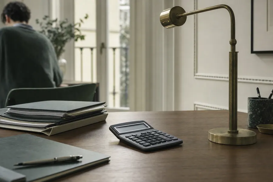 Despacho en casa con una calculadora, carpetas apiladas y una lámpara de latón sobre la mesa