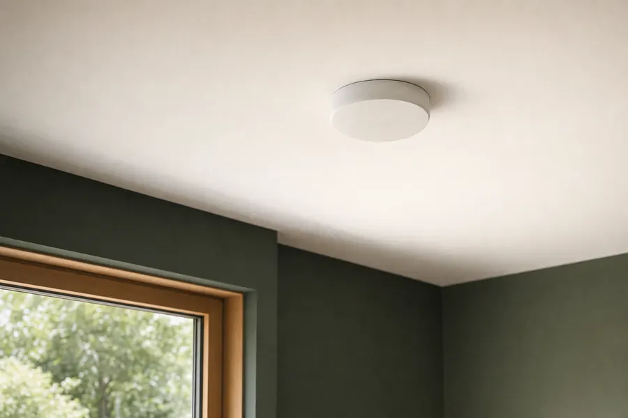 Detector de humo en el techo de una vivienda, visto desde abajo contra la luz de una ventana