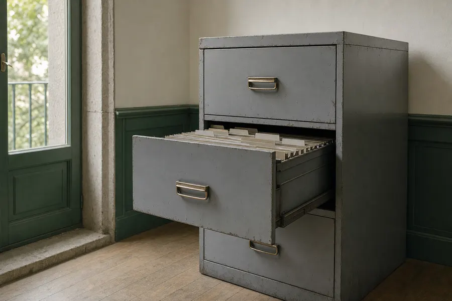 Archivador metálico de oficina con uno de los cajones entreabierto, con las carpetas colgantes de canto y sin etiquetas
