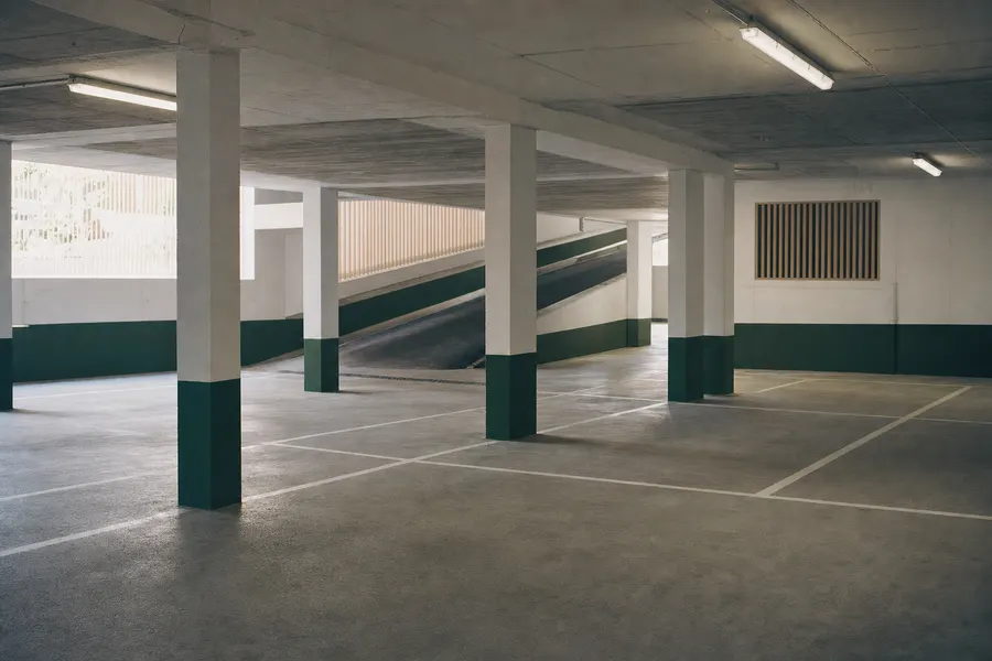 Planta de garaje subterráneo con plazas vacías y pilares