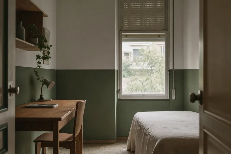 Habitación individual amueblada con escritorio y ventana con persiana