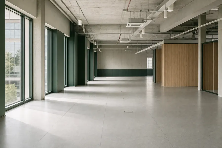 Planta de oficinas diáfana y vacía con ventanales