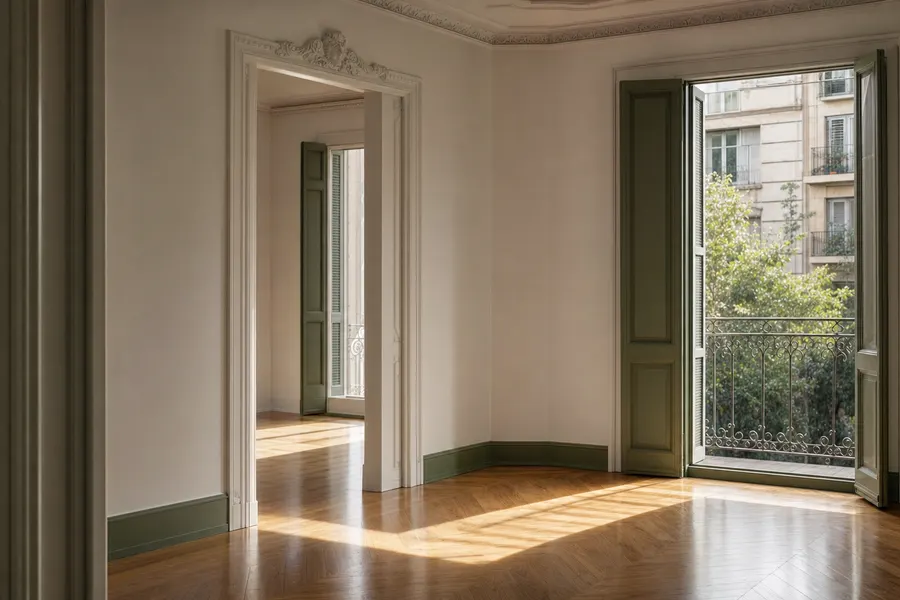 Salón vacío de un piso con parqué de espiga, molduras y balcón