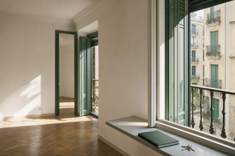 Salón vacío y luminoso de un piso en alquiler, con una carpeta cerrada y unas llaves sobre el alféizar de la ventana