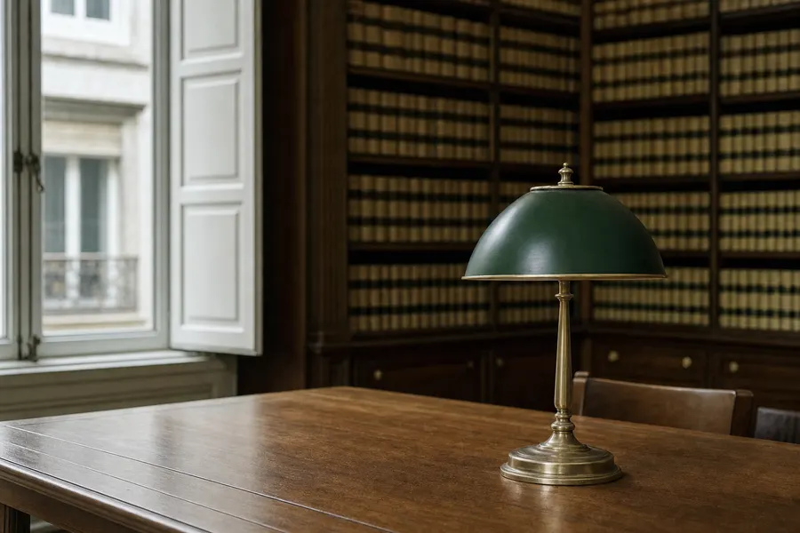 Sala de lectura de una biblioteca jurídica con estanterías de tomos desenfocadas al fondo