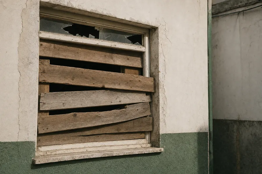 Ventana rota de un bajo vacío, tapiada con tablones de madera