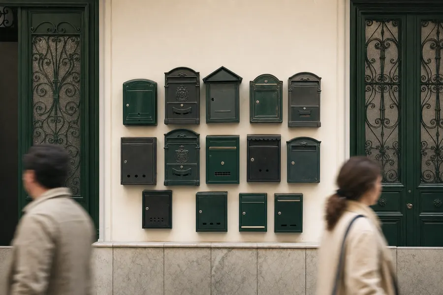 Pared de buzones distintos en el portal de un edificio de viviendas