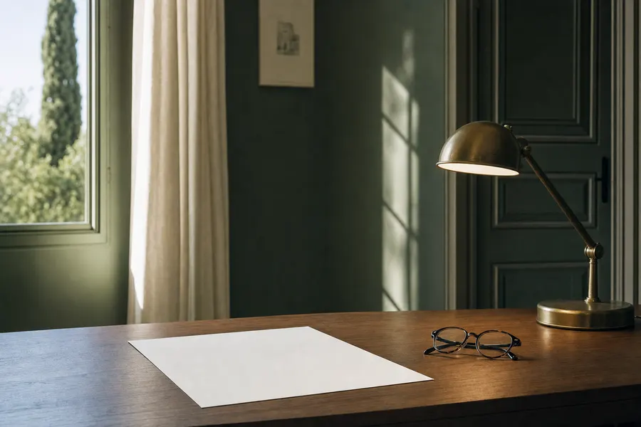 Una hoja de papel en blanco y unas gafas de leer sobre un escritorio, junto a un flexo de latón