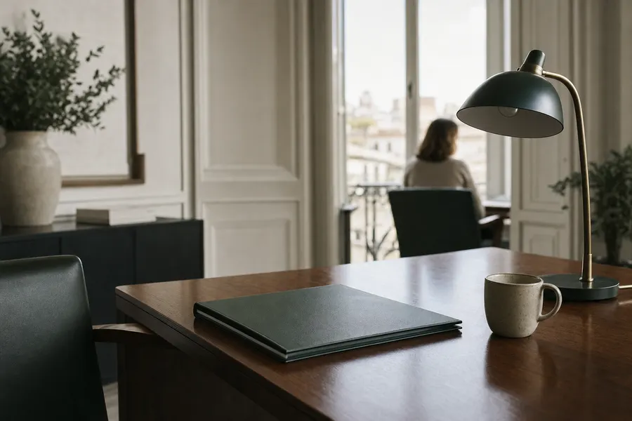 Mesa de oficina ordenada con una carpeta cerrada y una taza