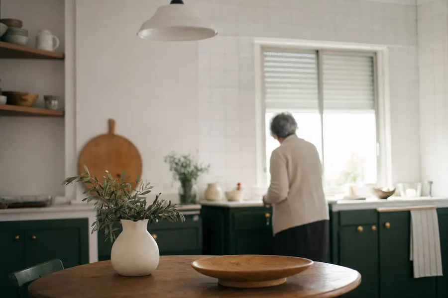 Cocina modesta y luminosa con alicatado y ventana con persiana