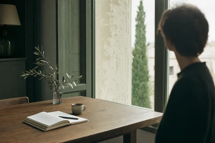 Mesa junto a una ventana con un cuaderno, un bolígrafo y un café
