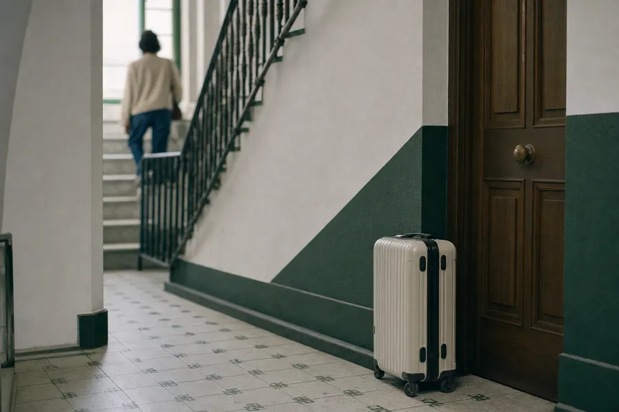 Maleta de viaje junto a la puerta de un piso en el rellano