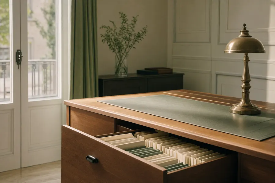 Escritorio de madera con un cajón de archivo abierto y carpetas