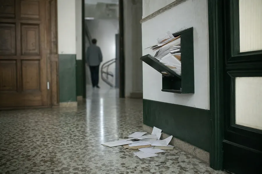 Buzón de un portal rebosante de cartas sin abrir