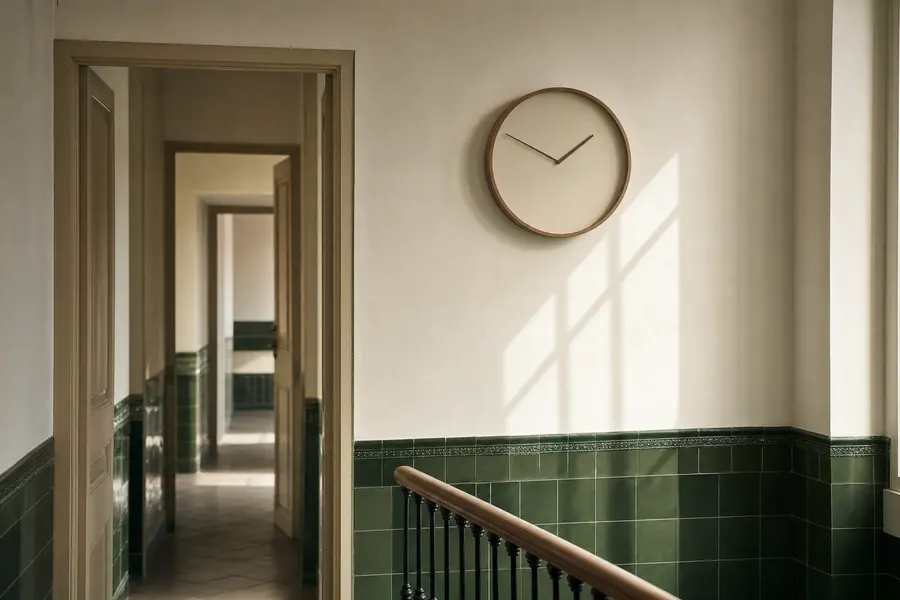 Reloj de pared en el rellano de un edificio de viviendas