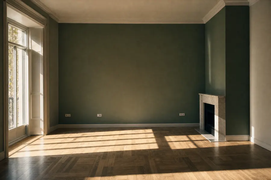 Salón vacío con la sombra alargada del marco de la ventana cruzando el parqué
