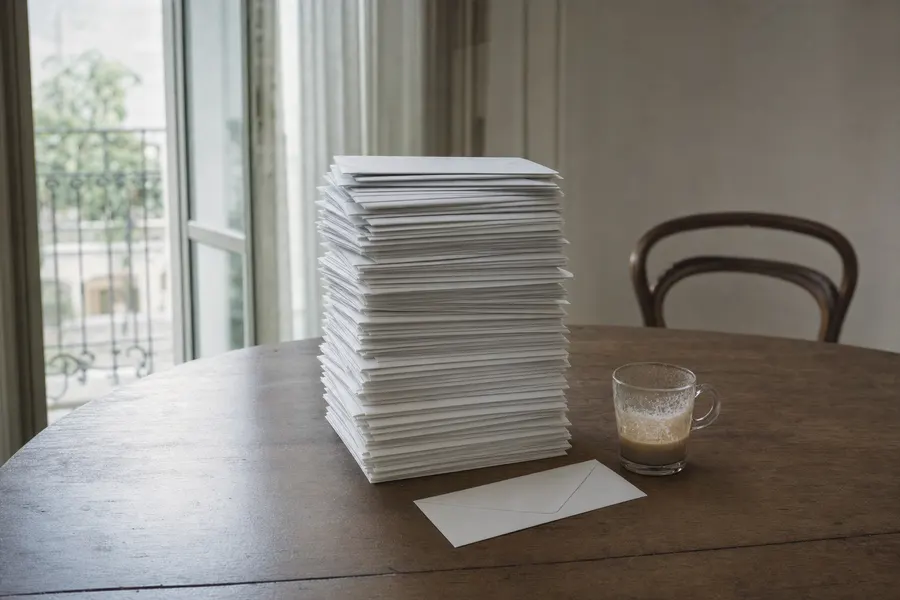 Mesa de comedor con un montón de sobres sin abrir, una taza fría y una silla apartada