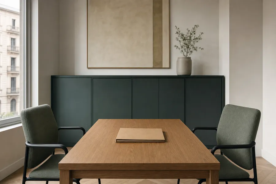 Mesa de madera con dos sillas enfrentadas y una carpeta cerrada en el centro