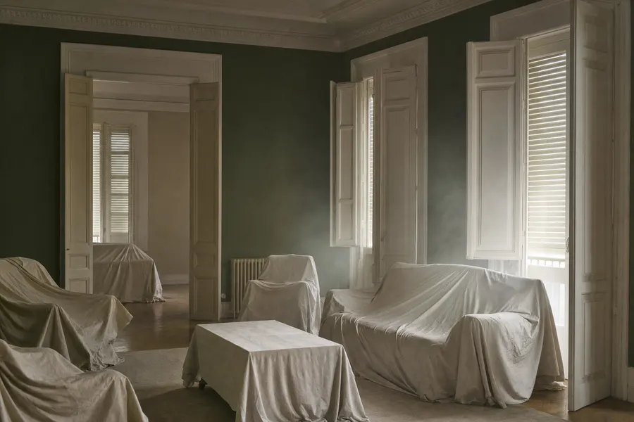 Salón de una casa cerrada con los muebles cubiertos por sábanas blancas