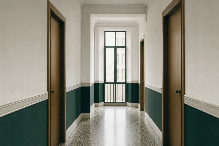 Rellano de un edificio de viviendas con varias puertas iguales y un ventanal al fondo