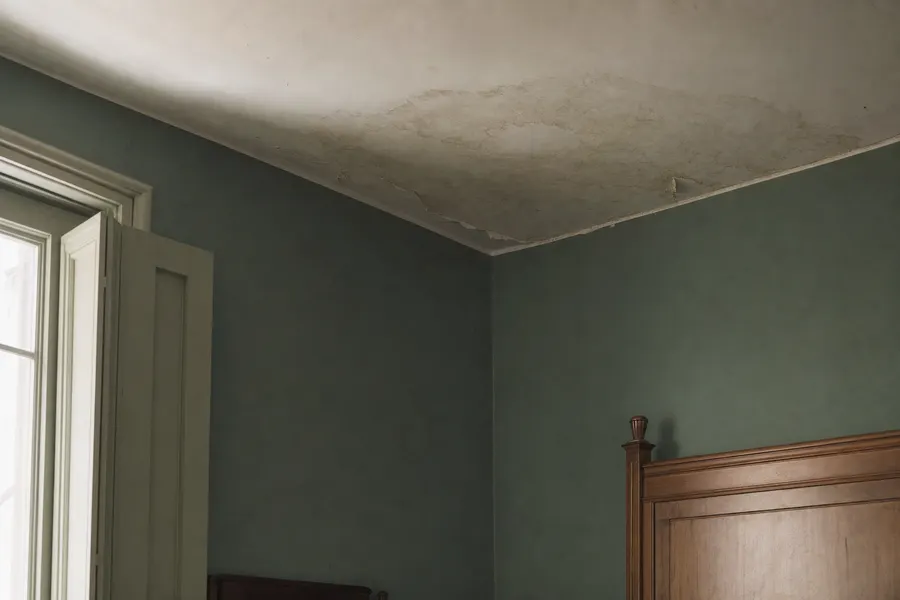 Mancha de humedad extendida por el techo de una habitación, con la pintura levantada