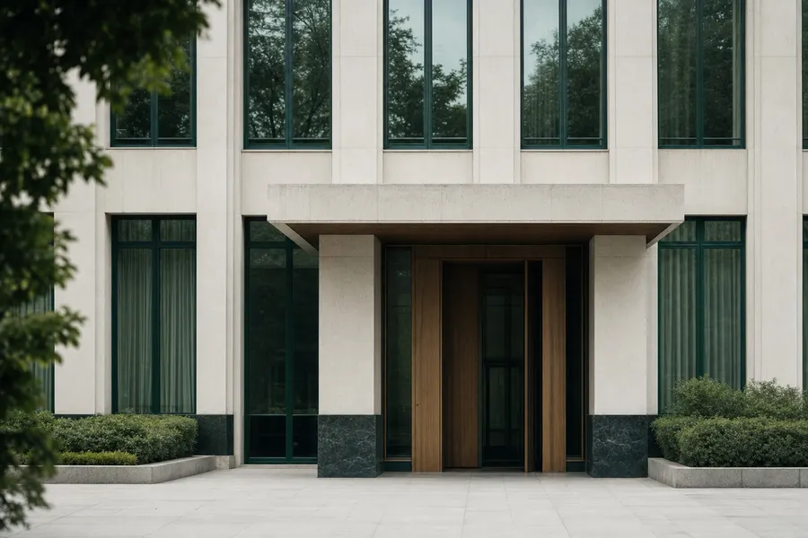 Fachada de piedra de un edificio corporativo con ventanales