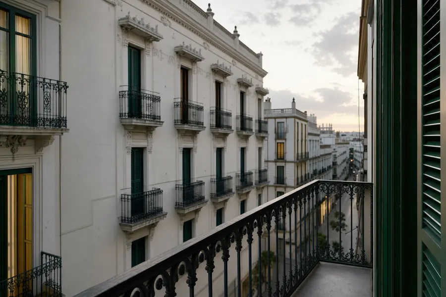 Vista al anochecer desde un balcón sobre una calle de edificios de viviendas