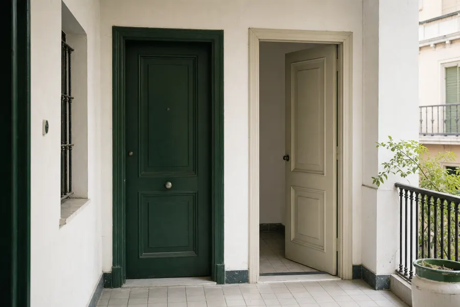 Dos puertas contiguas en un rellano, una cerrada y otra entreabierta