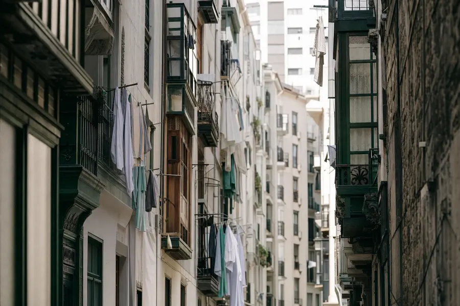 Calle estrecha entre bloques altos y densos, con ropa tendida en los balcones