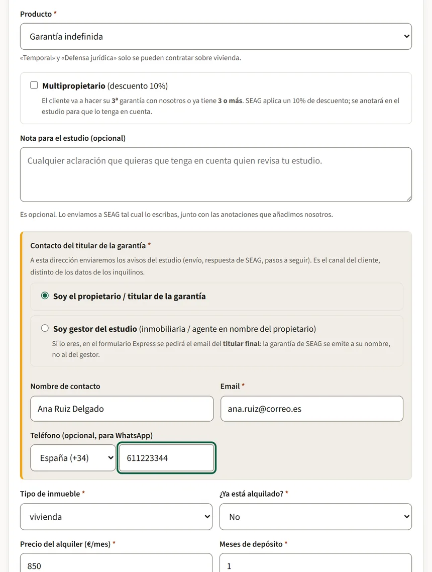 Formulario del estudio con el producto, el tipo de inmueble y los datos de contacto rellenos