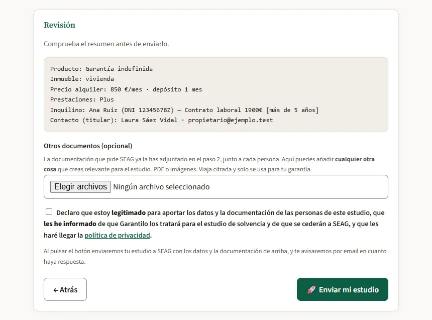 Último paso del formulario: el resumen del estudio, los documentos adicionales, la declaración y el botón de enviar